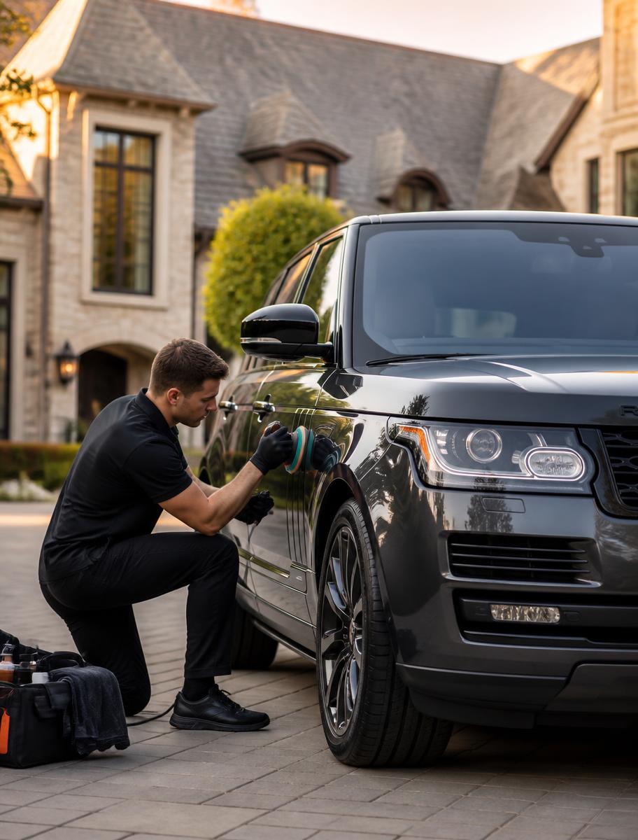 Detailer polishing a Range Rover at a Hinsdale home
