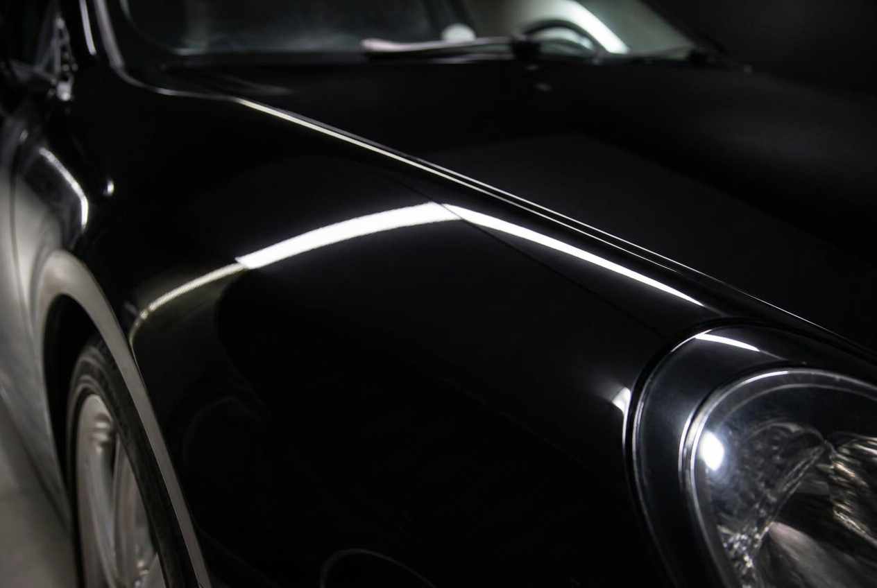 The same black luxury car panel with deep glass-like paint after multi-stage correction