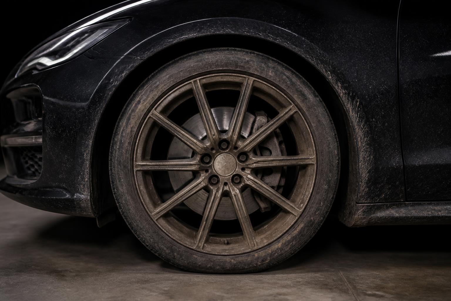Luxury performance wheel covered in brake dust and road grime before detailing